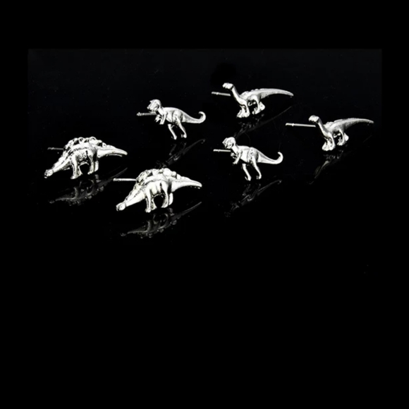 Dinosaur Earrings, 3 Pairs Silvertone - Picture 2 of 4